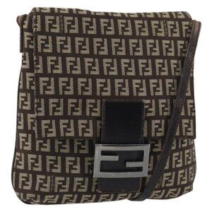 Authentic FENDI Zucchino Canvas Mamma Baguette Shoulder Bag Brown Silver